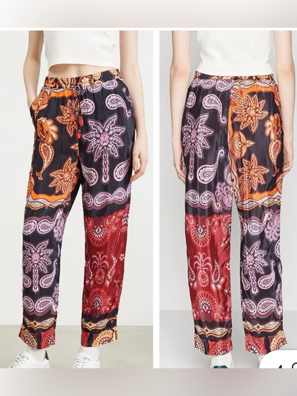 FARM Rio Black Multi Paisley Satin Wide-Leg Pants